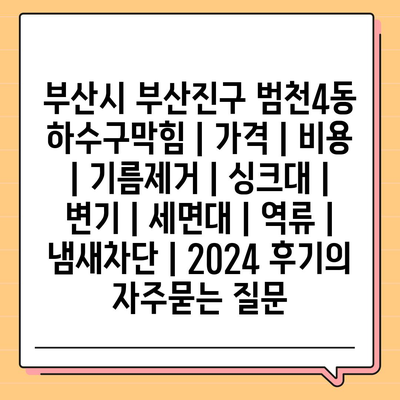 부산시 부산진구 범천4동 하수구막힘 | 가격 | 비용 | 기름제거 | 싱크대 | 변기 | 세면대 | 역류 | 냄새차단 | 2024 후기