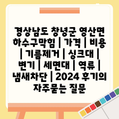 경상남도 창녕군 영산면 하수구막힘 | 가격 | 비용 | 기름제거 | 싱크대 | 변기 | 세면대 | 역류 | 냄새차단 | 2024 후기