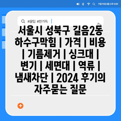 서울시 성북구 길음2동 하수구막힘 | 가격 | 비용 | 기름제거 | 싱크대 | 변기 | 세면대 | 역류 | 냄새차단 | 2024 후기