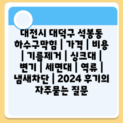 대전시 대덕구 석봉동 하수구막힘 | 가격 | 비용 | 기름제거 | 싱크대 | 변기 | 세면대 | 역류 | 냄새차단 | 2024 후기