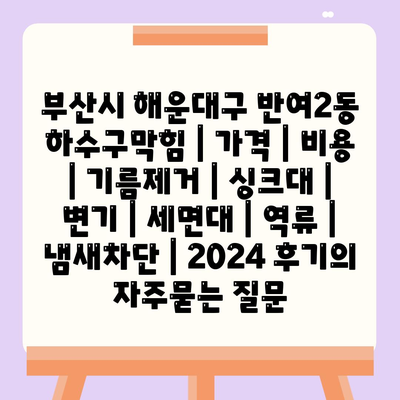 부산시 해운대구 반여2동 하수구막힘 | 가격 | 비용 | 기름제거 | 싱크대 | 변기 | 세면대 | 역류 | 냄새차단 | 2024 후기